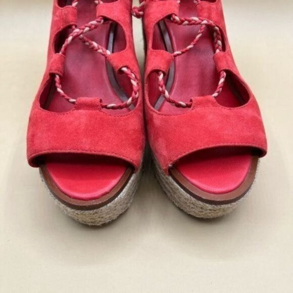 Tory Burch Poppy Orange Lace Up Positano Platform Espadrille Size 7 - Picture 6 of 10
